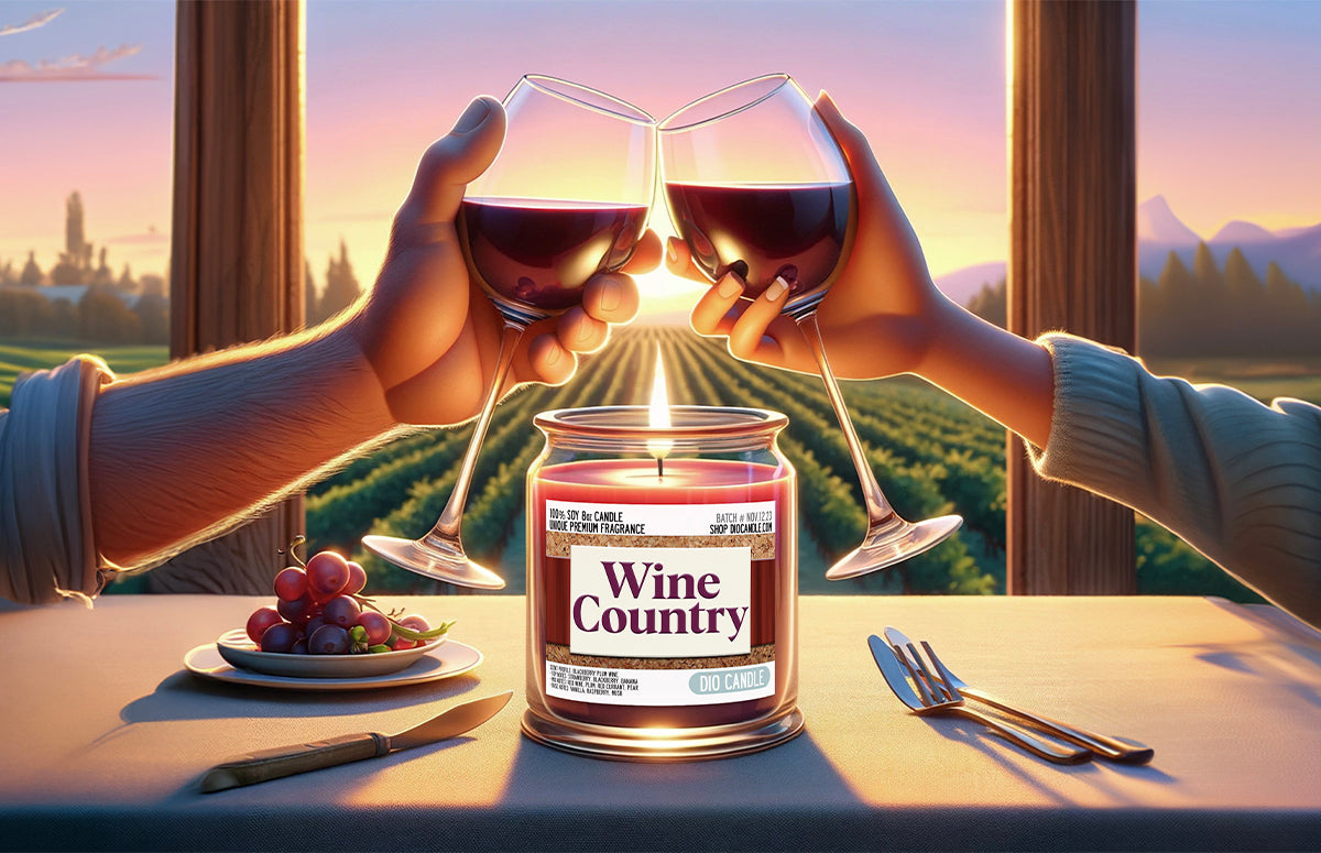 couple enjoys a glass of wine in a beautiful vineyard with a wine country Dio Candle burning on the table